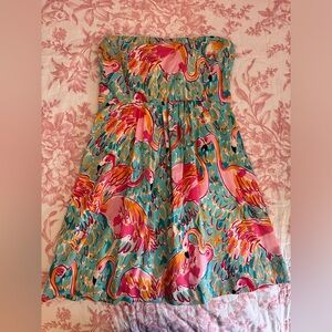Lilly Pulitzer strapless flamingo dress.